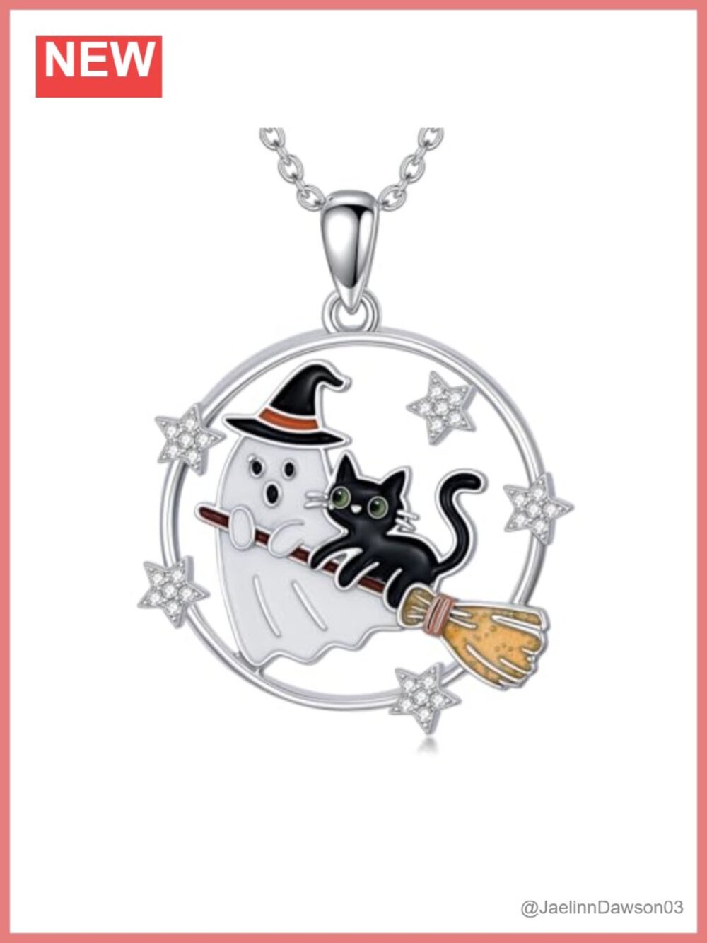 925 Sterling Silver Ghost Black Cat Pendant Necklace Halloween Gift